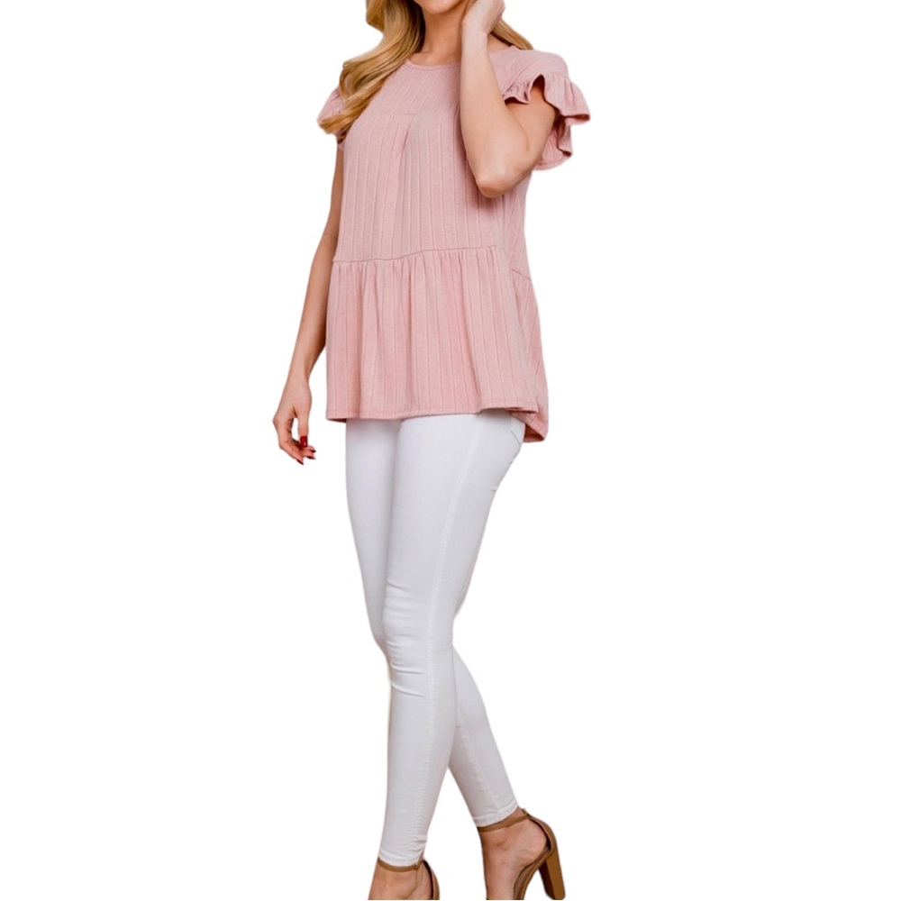 Perfect Peach Boutique Ribbed Knit Dusty Rose Ruffle Sleeve Tiered Blouse S